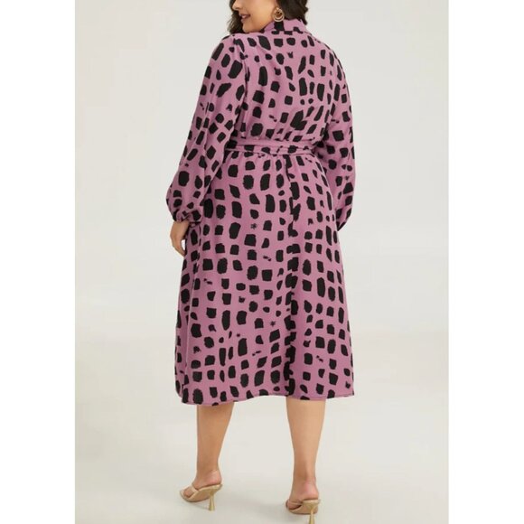 BloomChic Shirt Collar Brush Print Belted Dress Sz 18/20 (2XL) Mauve Pink & Blac - Picture 2 of 15